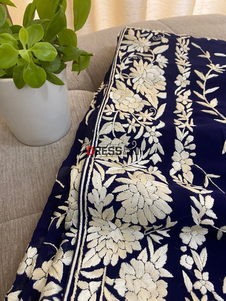 Exclusive Navy Parsi Gara Hand Embroidered Saree