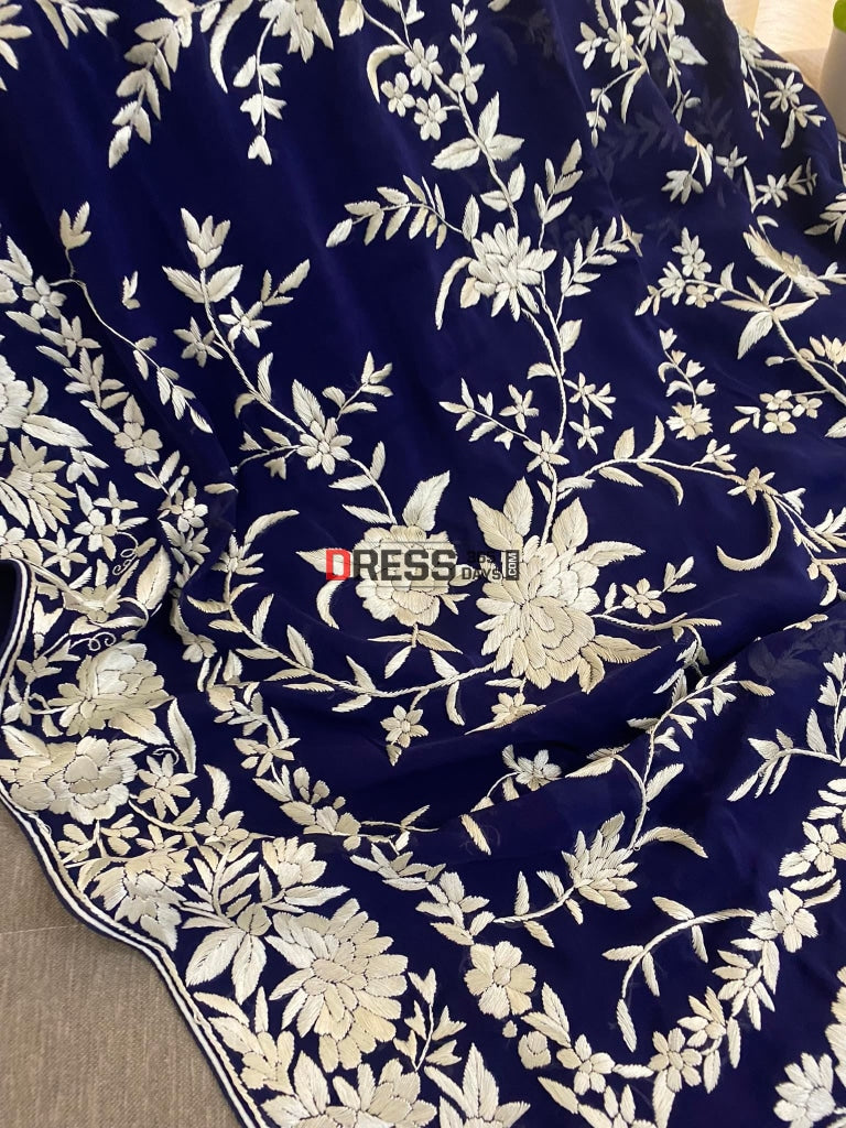Exclusive Navy Parsi Gara Hand Embroidered Saree