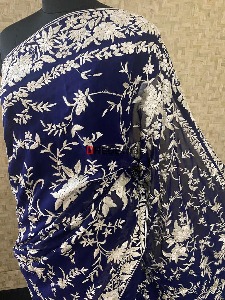 Exclusive Navy Parsi Gara Hand Embroidered Saree