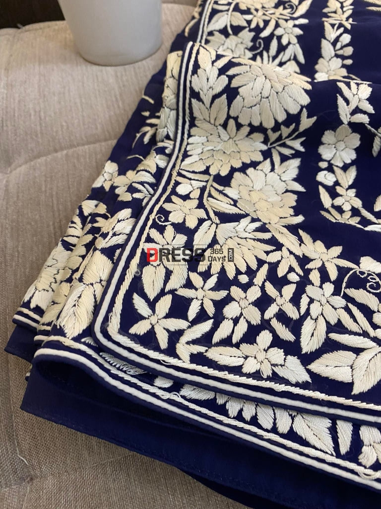 Exclusive Navy Parsi Gara Hand Embroidered Saree