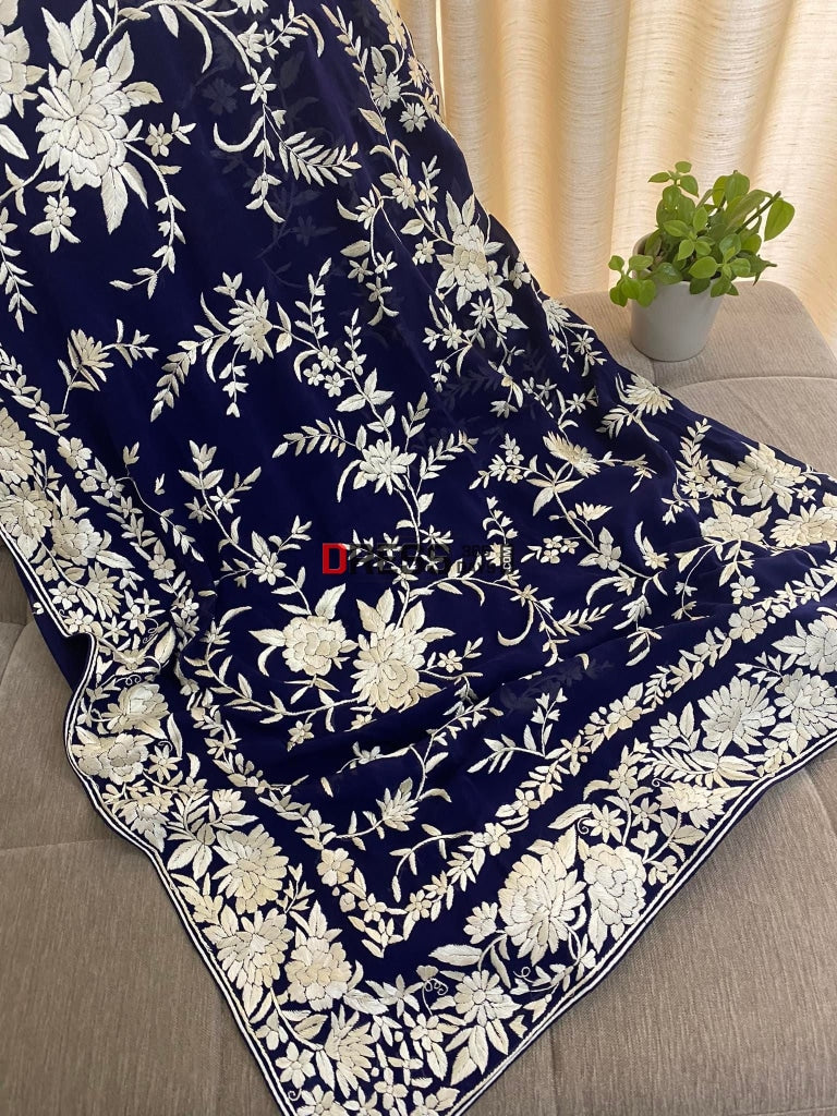Exclusive Navy Parsi Gara Hand Embroidered Saree