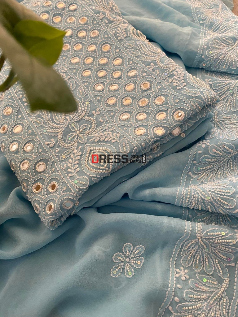 Exclusive Powder Blue Pearl & Mirror Chikankari Suit – Dress365days