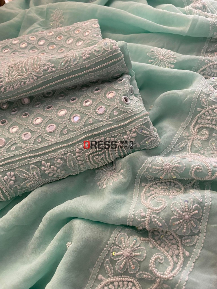 Exclusive Sea Green Pearl & Mirror Chikankari Suit Dress365days