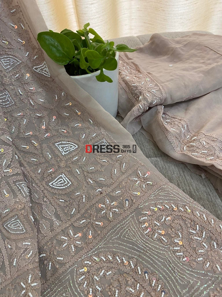 Fawn Chikankari Pearl Kurta Dupatta Set Suits