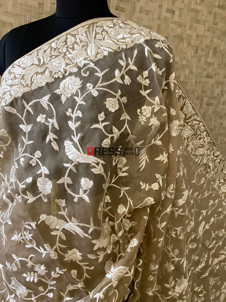 Gara Praid Pre Order Fawn Organza Parsi Gara Gara Hand Embroidered Saree ...