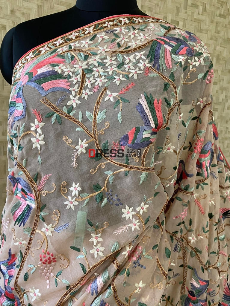 Gara Praid Pre Order Fawn Parsi Gara Gara Hand Embroidered Saree – Dress365days