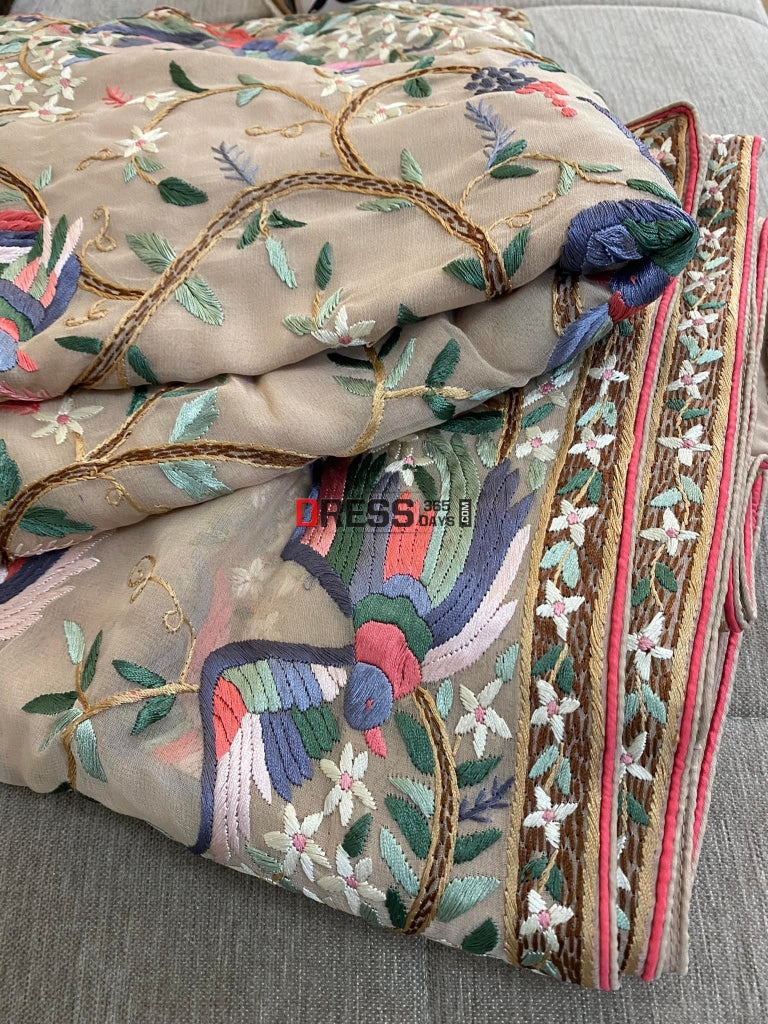 Gara Praid Pre Order Fawn Parsi Gara Gara Hand Embroidered Saree – Dress365days