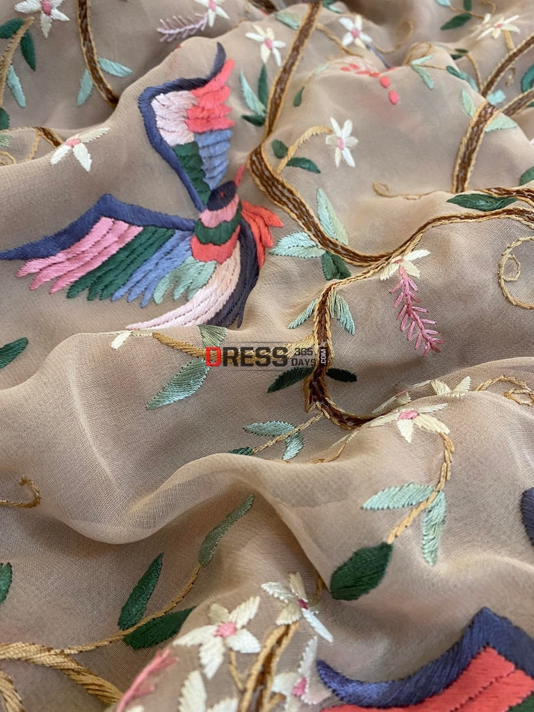 Fawn Parsi Gara Hand Embroidered Saree
