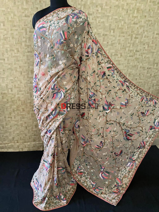 Fawn Parsi Gara Hand Embroidered Saree