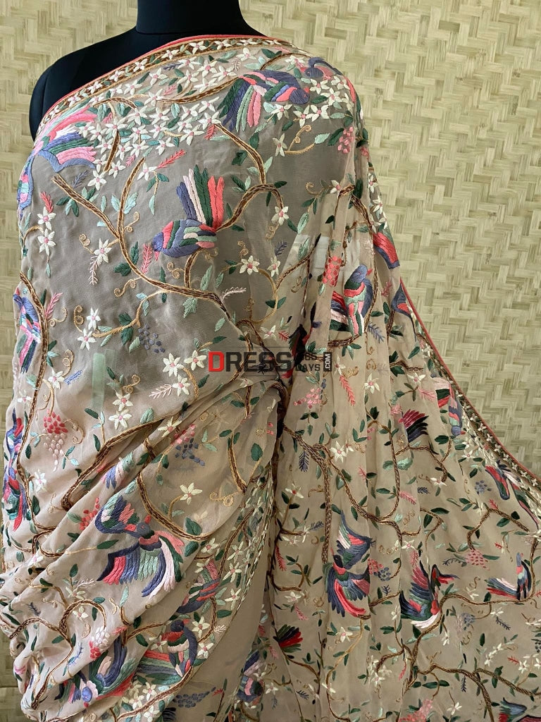 Fawn Parsi Gara Hand Embroidered Saree