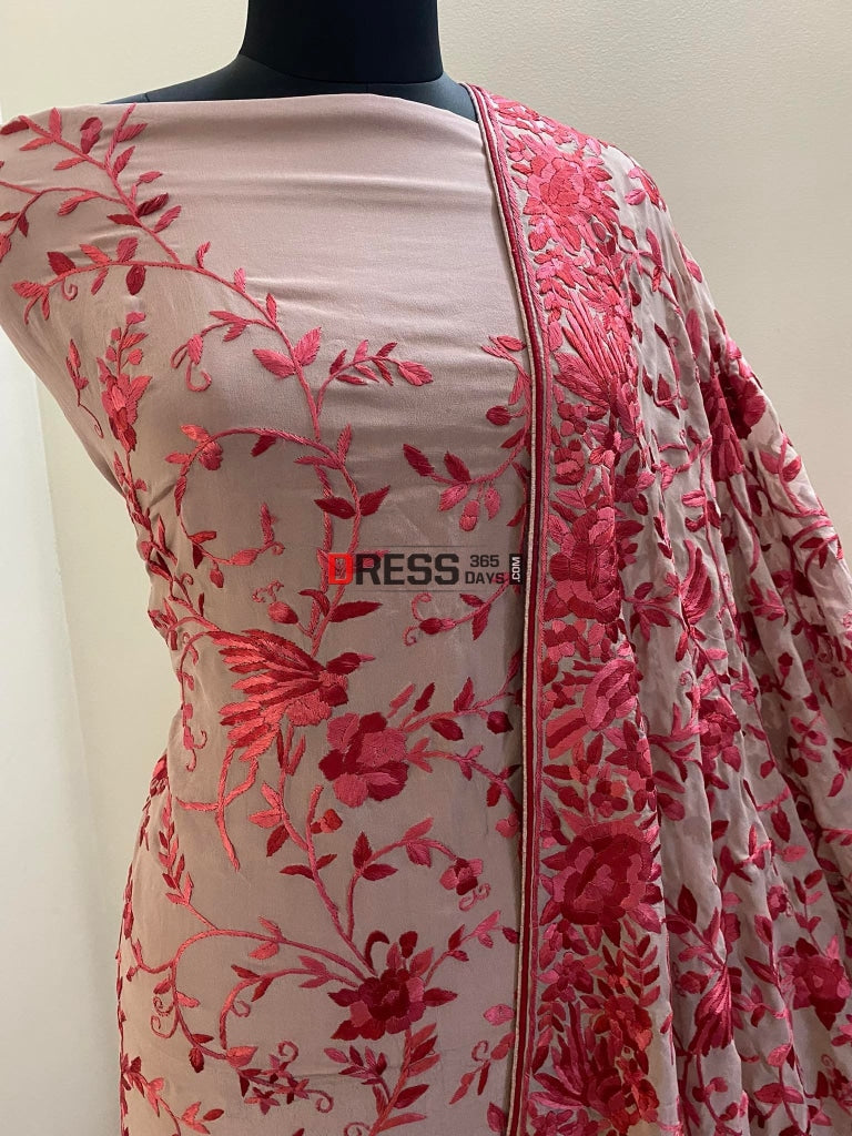 Fawn Parsi Gara Hand Embroidered Three Piece Suit Suits