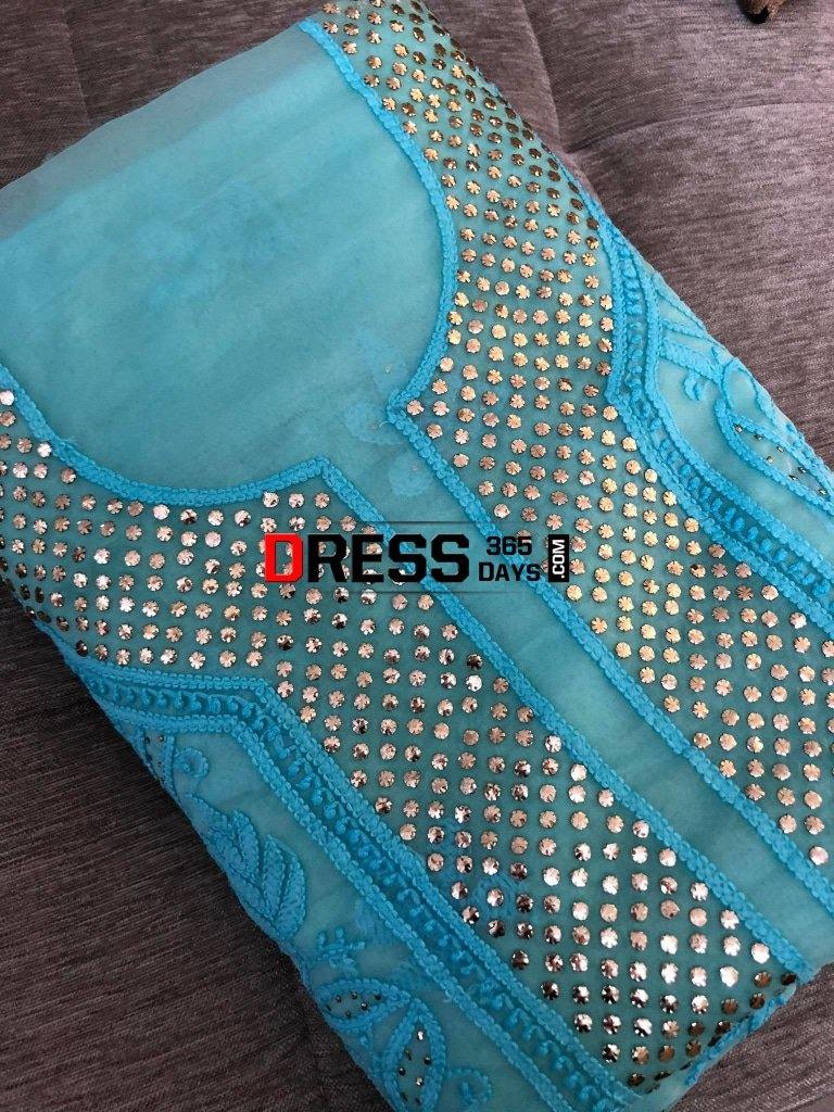 Ferozi Blue Mukaish Chikankari Suit-Organza Suits