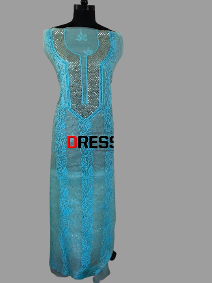 Ferozi Blue Mukaish Chikankari Suit-Organza - Dress365days