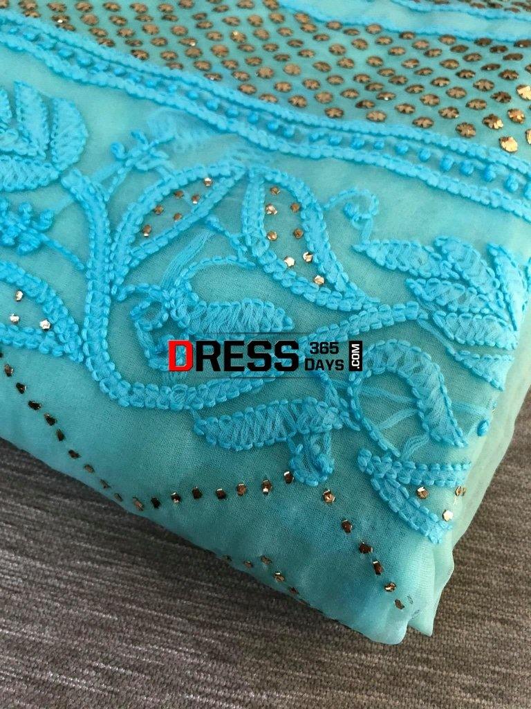 Ferozi Blue Mukaish Chikankari Suit-Organza Suits
