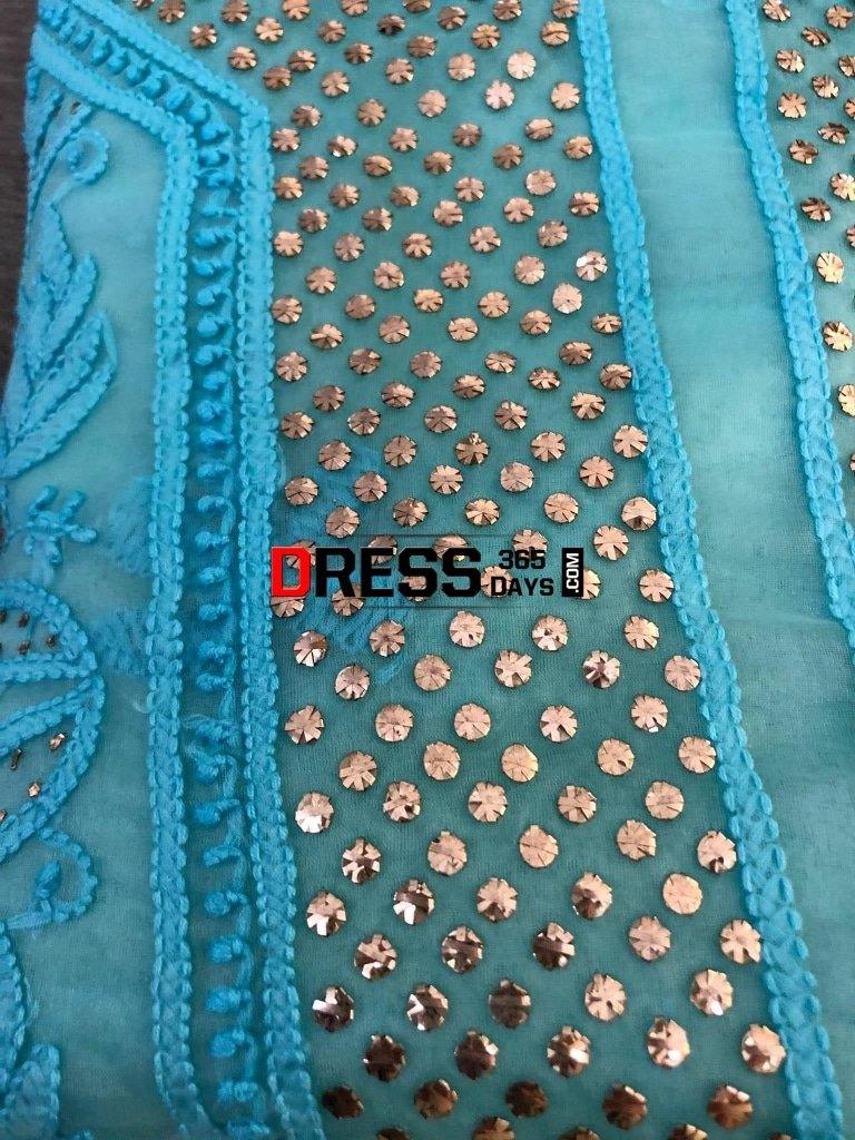 Ferozi Blue Mukaish Chikankari Suit-Organza Suits