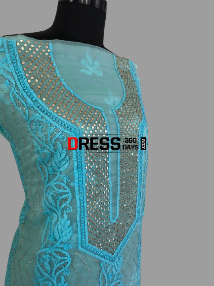 Ferozi Blue Mukaish Chikankari Suit-Organza - Dress365days