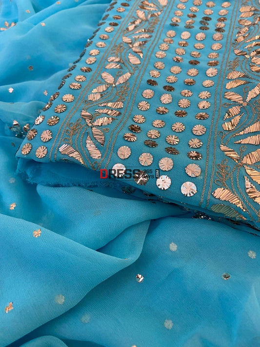 Ferozi Blue Pure Georgette Kamdani Suit Chikankari Suits