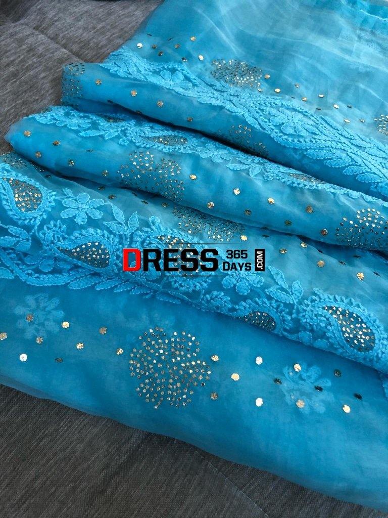 Ferozi Organza Chikankari Mukaish Suit Suits