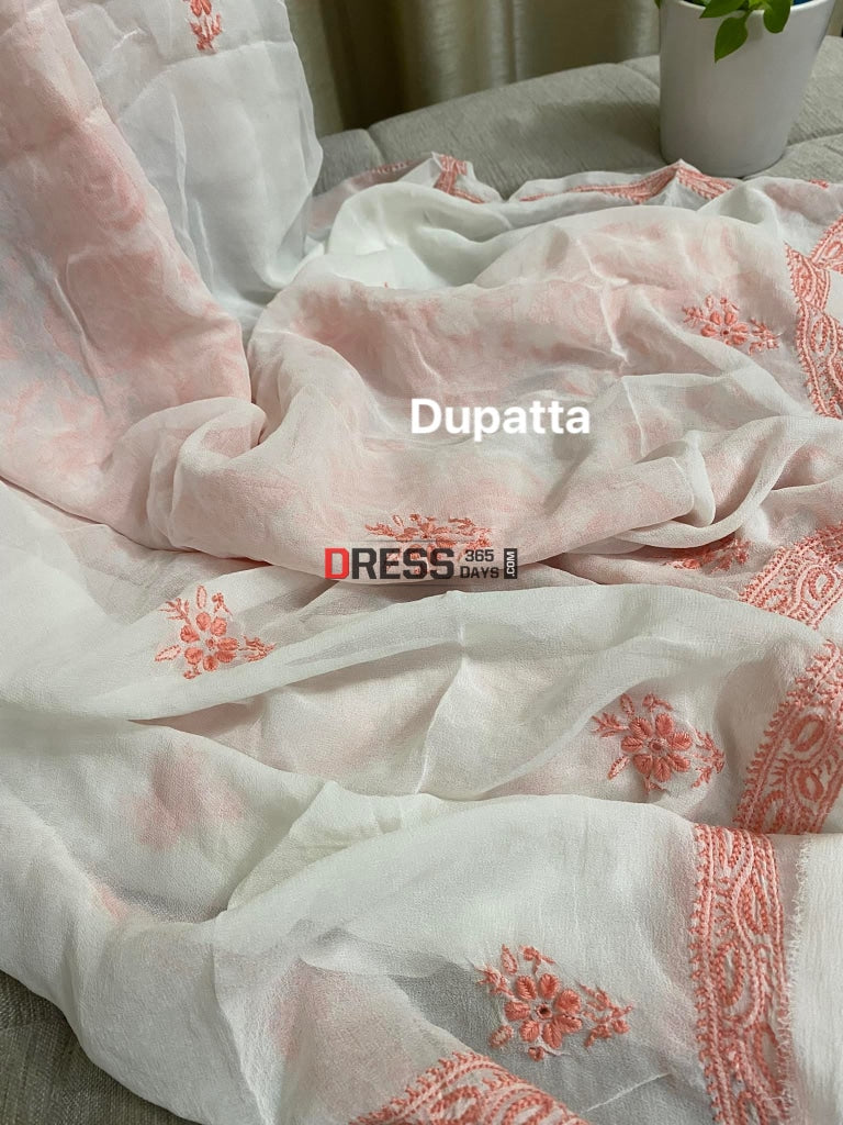 Fine Chikankari Ivory Peach Kurta Dupatta Set Suits