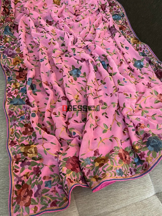 Floral Design Pink Parsi Gara Dupatta