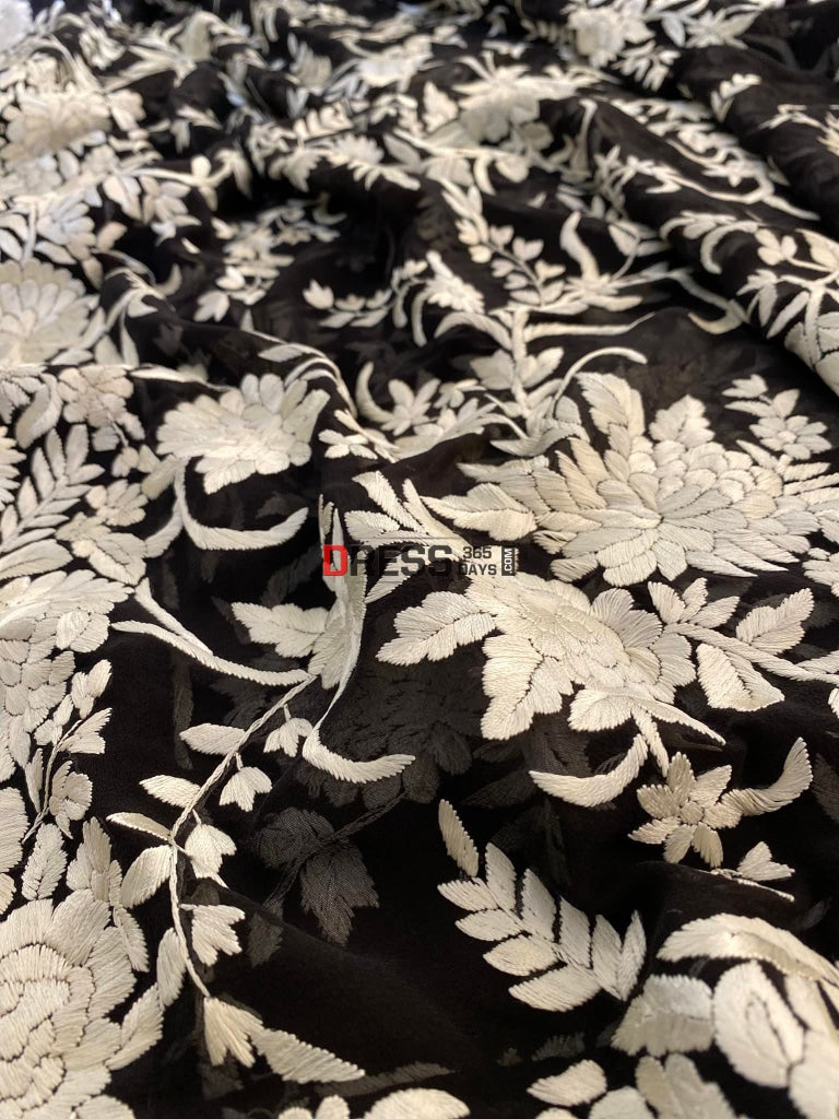 Floral Ivory And Black Parsi Gara Hand Embroidered Dupatta