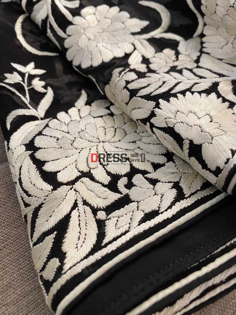 Floral Ivory And Black Parsi Gara Hand Embroidered Dupatta