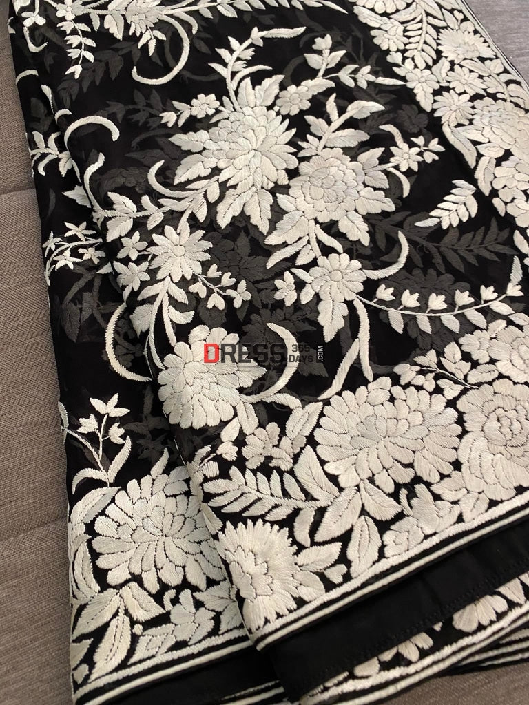 Floral Ivory And Black Parsi Gara Hand Embroidered Dupatta