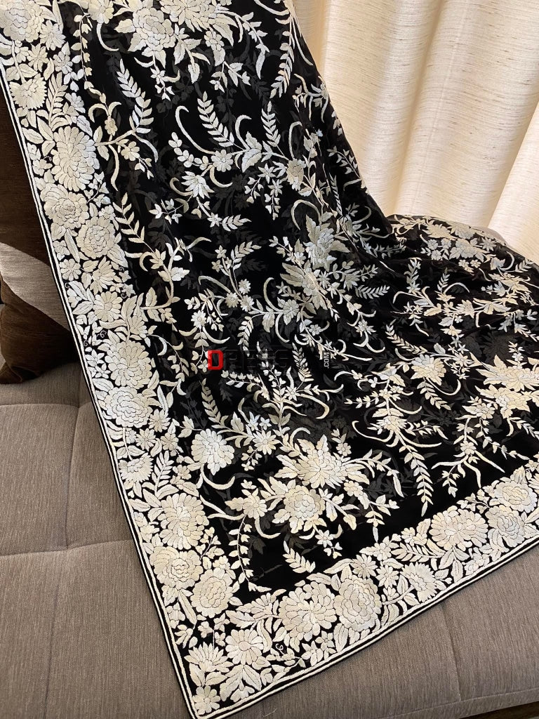 Floral Ivory And Black Parsi Gara Hand Embroidered Dupatta