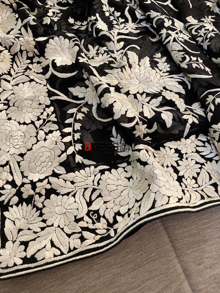 Floral Ivory And Black Parsi Gara Hand Embroidered Dupatta