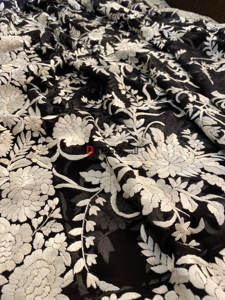 Floral Ivory And Black Parsi Gara Hand Embroidered Dupatta