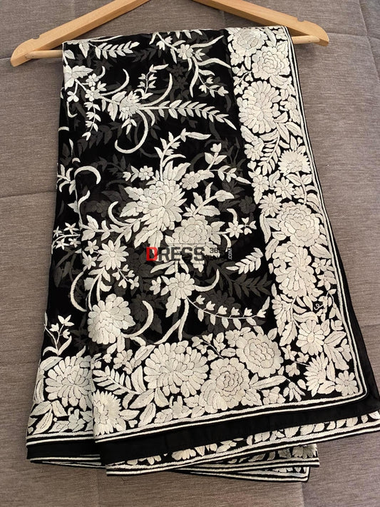 Floral Ivory And Black Parsi Gara Hand Embroidered Dupatta