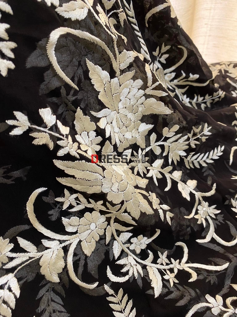 Floral Ivory And Black Parsi Gara Hand Embroidered Dupatta
