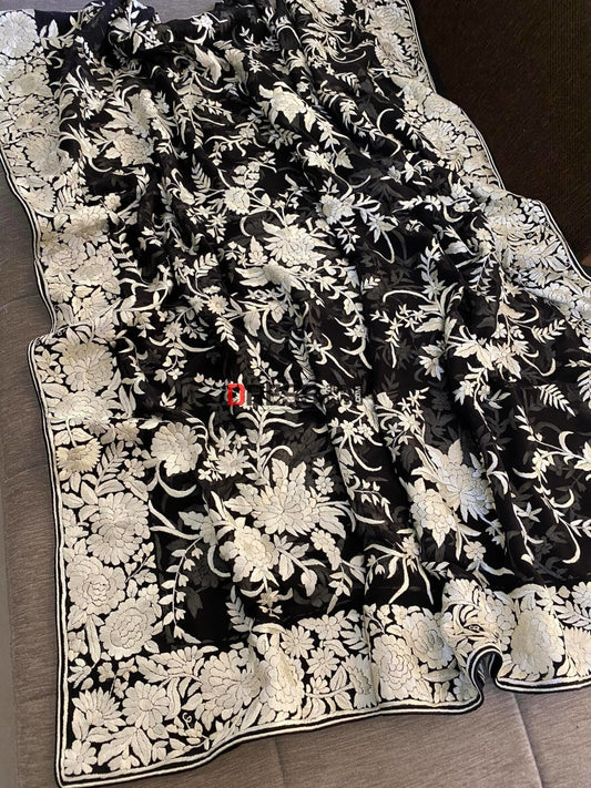 Floral Ivory And Black Parsi Gara Hand Embroidered Dupatta