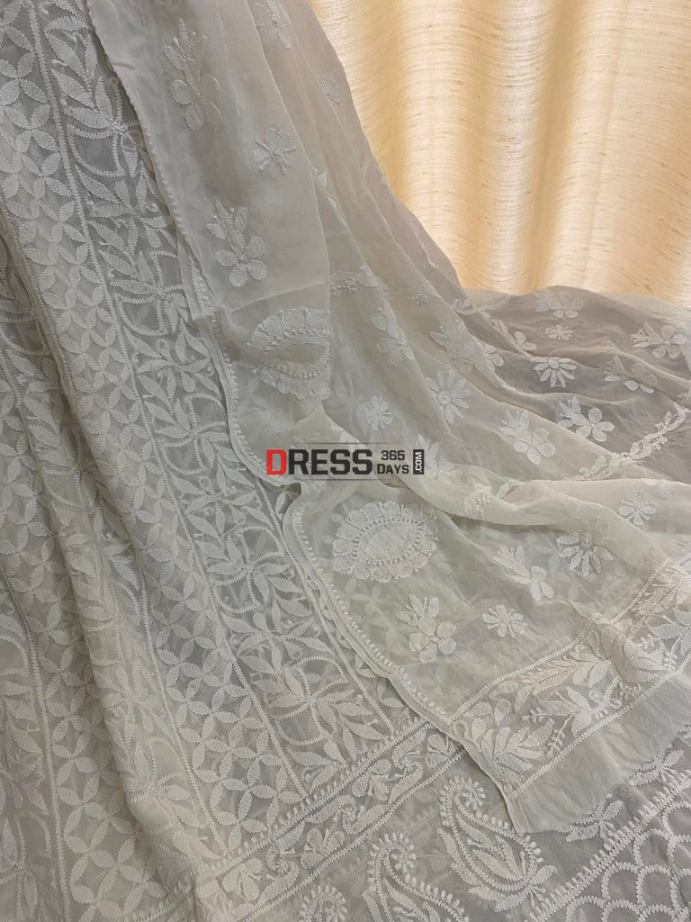 Front And Back Lakhnavi Suit With Embroidered Dupatta Chikankari Suits
