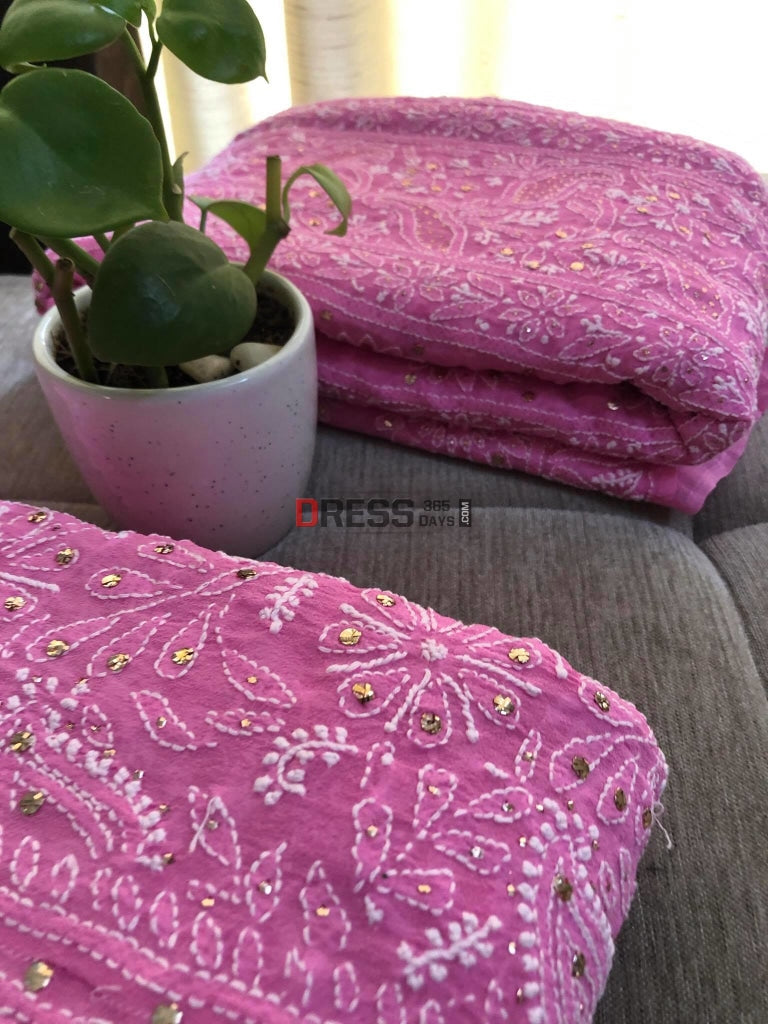 Fuschia Hand Crafted Mukaish Chikankari Lehenga Set