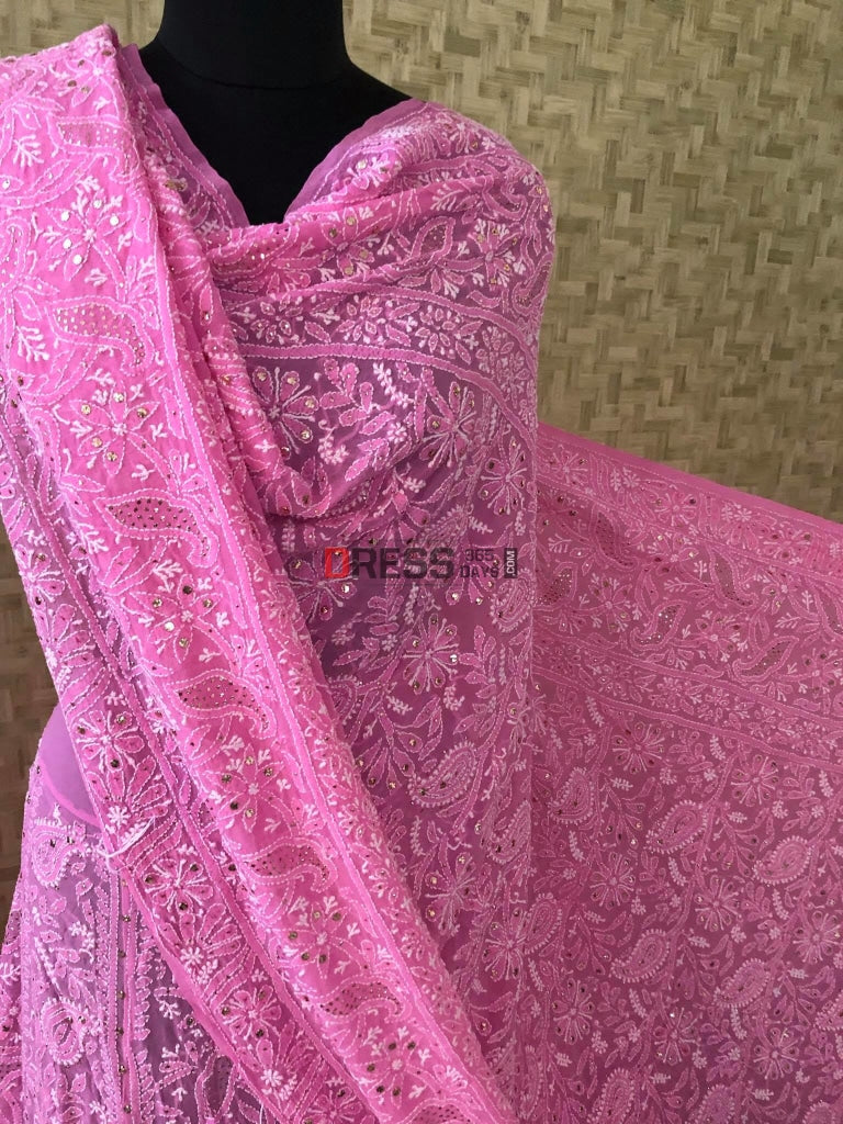 Fuschia Hand Crafted Mukaish Chikankari Lehenga Set