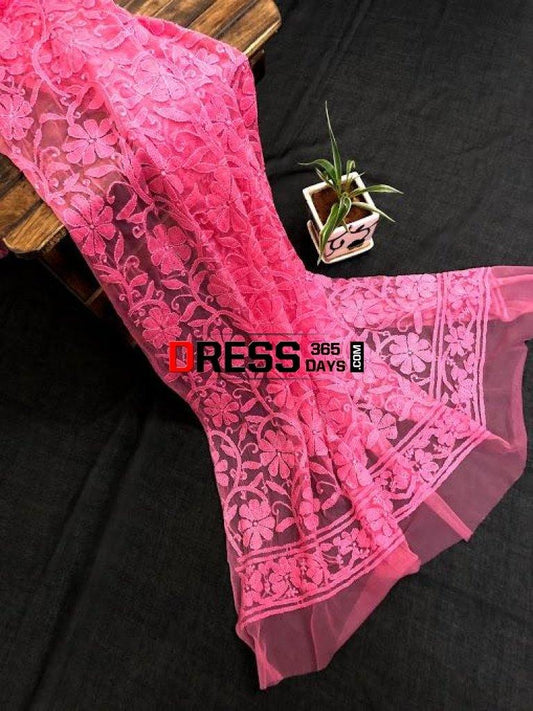 Fuschia Net Chikankari Dupatta