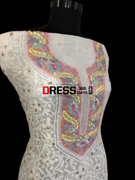 Georgette White Parsi Gara Chikankari Suit - Dress365days