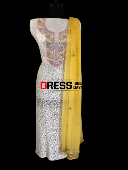 Georgette White Parsi Gara Chikankari Suit - Dress365days