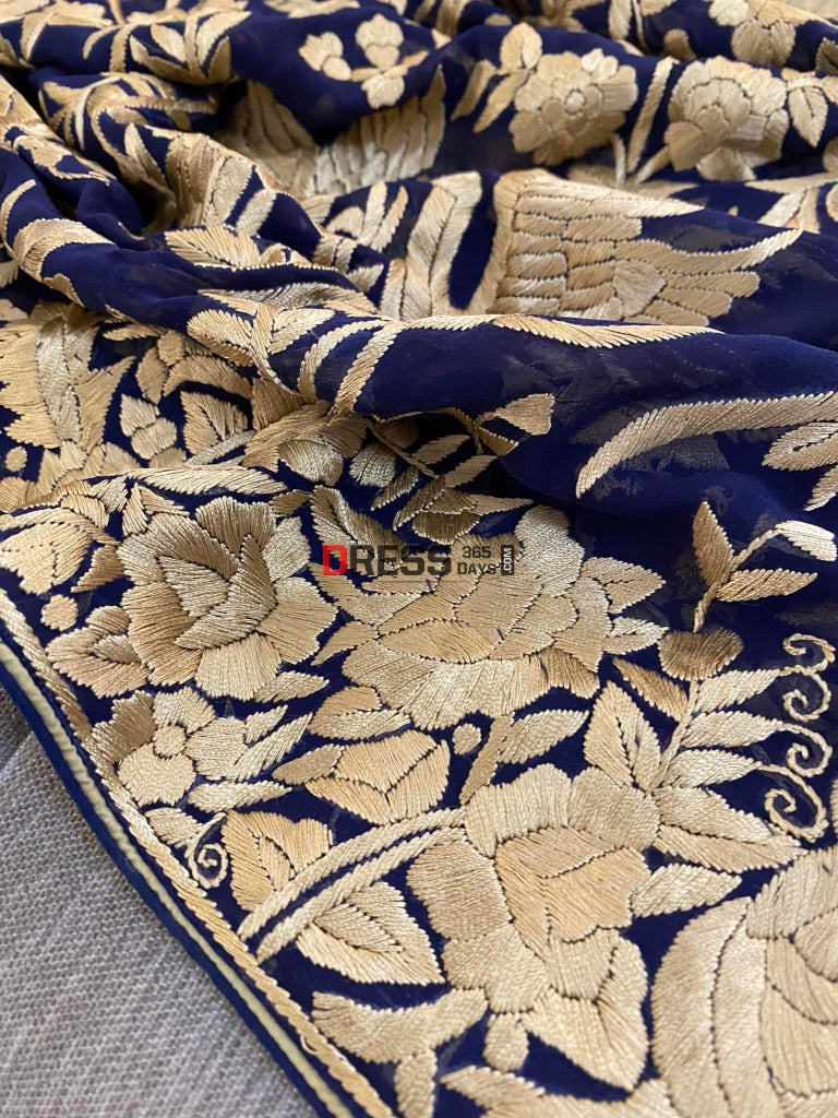 Gold And Navy Parsi Gara Dupatta