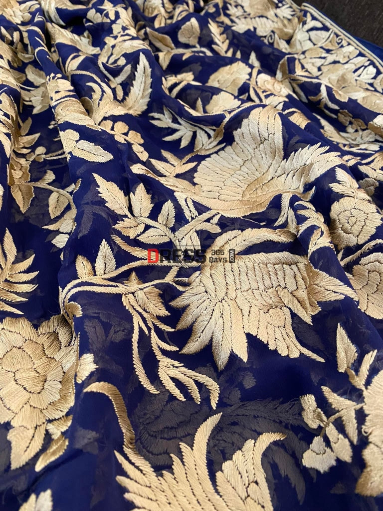 Gold And Navy Parsi Gara Dupatta