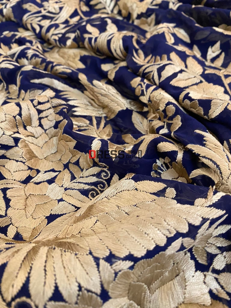 Gold And Navy Parsi Gara Dupatta