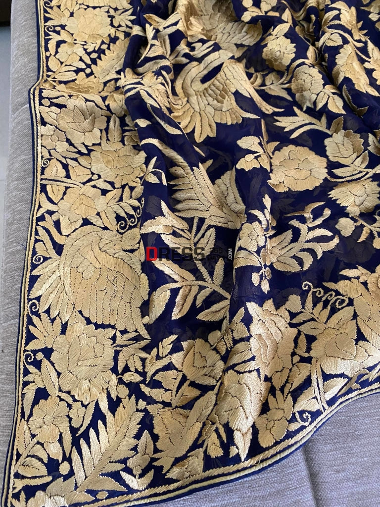 Gold And Navy Parsi Gara Dupatta