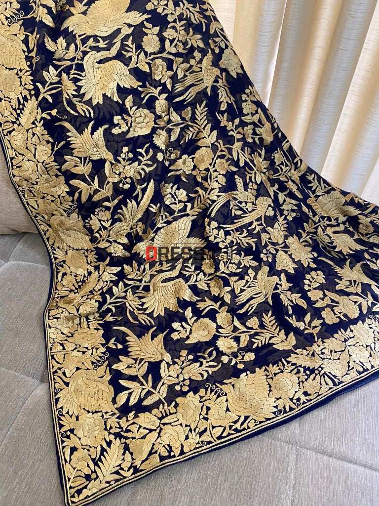 Gold And Navy Parsi Gara Dupatta