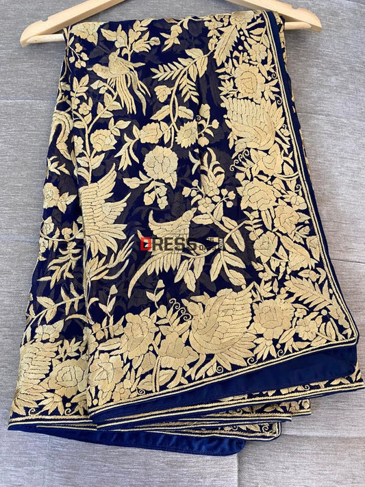 Gold And Navy Parsi Gara Dupatta