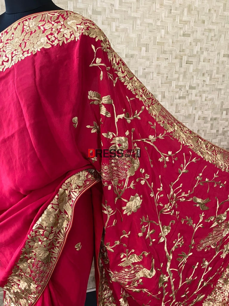 Gold And Red Parsi Gara Pure Crepe Saree