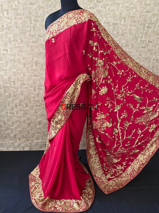 Gold And Red Parsi Gara Pure Crepe Saree