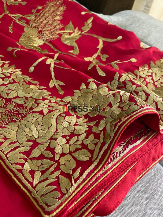 Gold And Red Parsi Gara Pure Crepe Saree