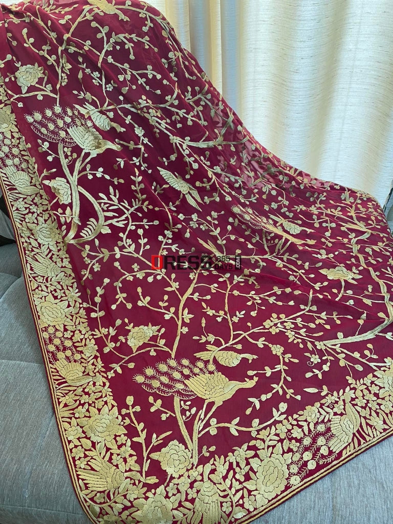 Gold & Maroon Parsi Gara Hand Crafted Dupatta