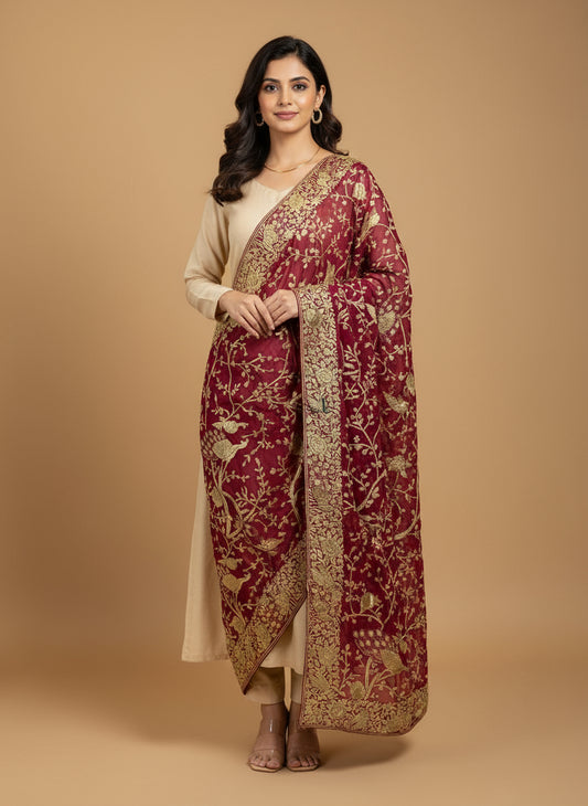 Gold & Maroon Parsi Gara Hand Crafted Dupatta